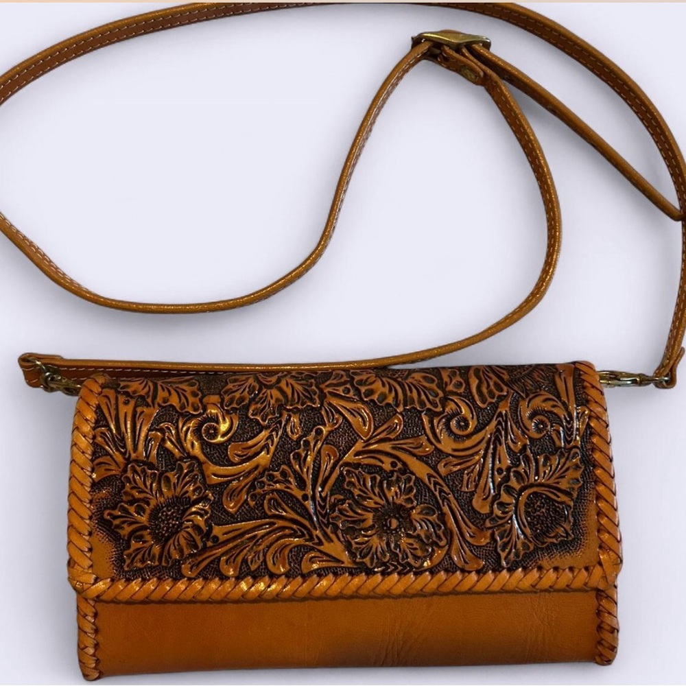 Elegant Tan Leather Floral Embossed Women's Bag